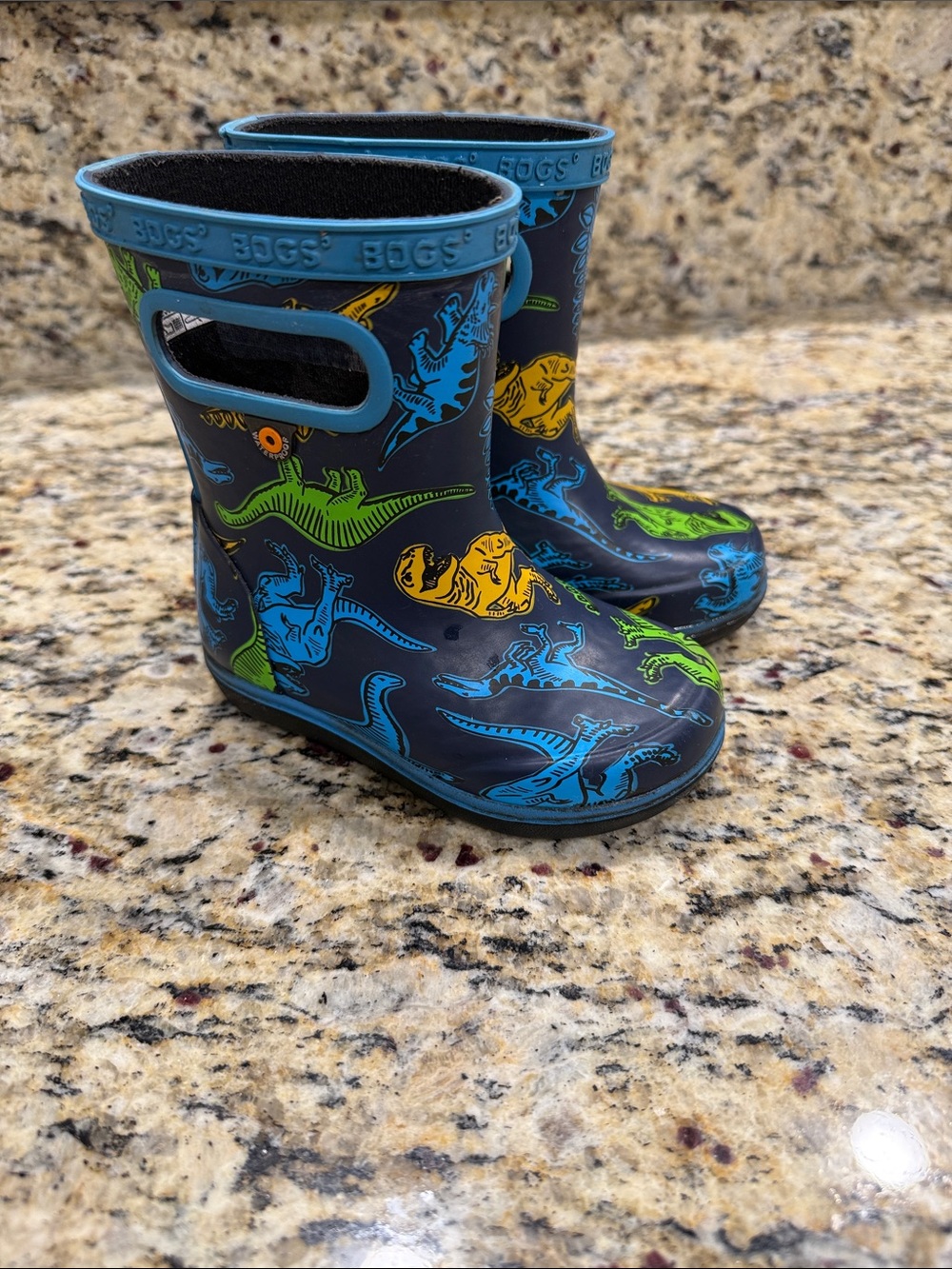 Bogs Kids Navy Rain Boots with Blue, Green & Yellow Dinosaurs